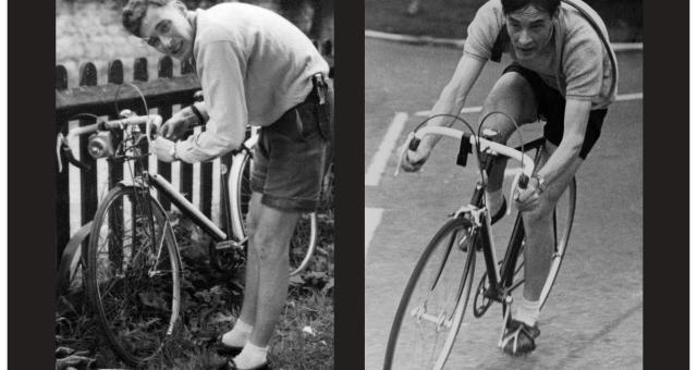 A black and white composite image of a young man adjusting the brakes on his bike which is leaned against a wooden fence (left) and him riding the bike (right)