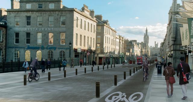 Cycling UK's visualisation of a more cycle friendly Union St, Aberdeen