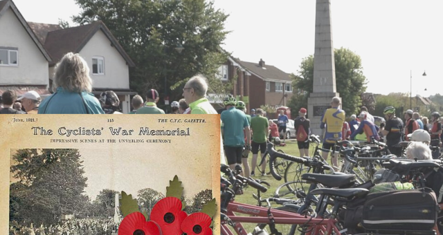 Bottom left - Cyclists gather to unveil the War Memorial at Meriden in May 1921.  Background image - Cyclists gathering at the Meriden Memorial Service in more recent years in photo by Derek Churchard