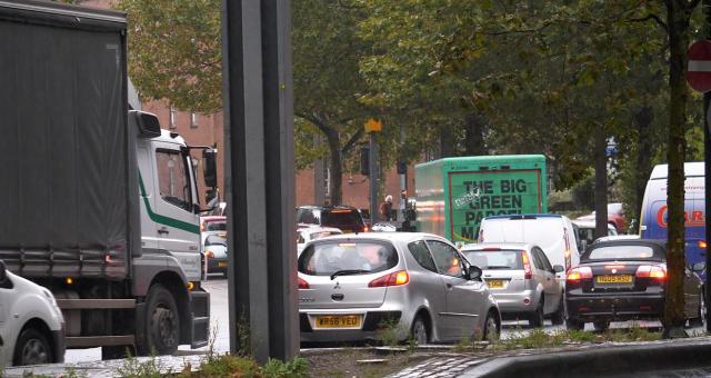 Congested roads in bristol with cars and lorrys in a stationary queue