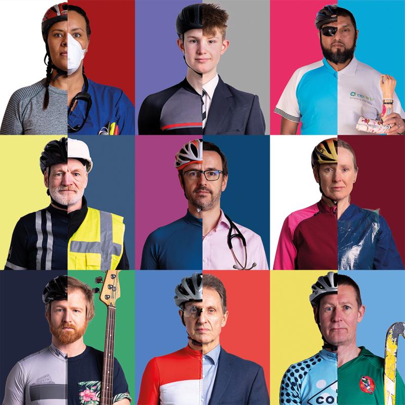 A montage of people who ride bikes, with half the image showing them in their cycling kit, the other half in their normal or work clothes