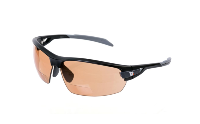 A pair of cycling sunglasses with black half frames and orangey/brown lenses
