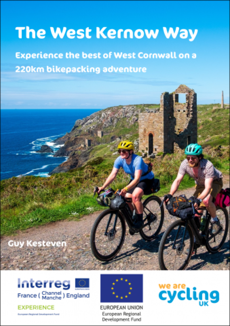 Two cyclists ride past the Botallack mines in Cornwall on the front cover of the West Kernow Way guide
