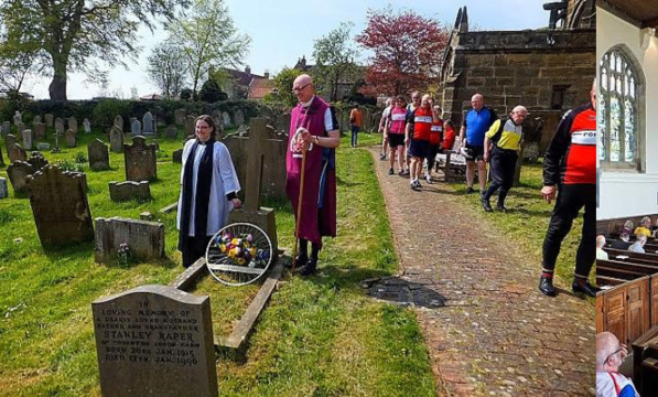 (Left) Rector Liz Hassall and the 'Biking Bishop of Selby' John Thomson with a bicycle-wheel floral tribute at St Michael’s (Right) Cyclists inside St Michael's Church