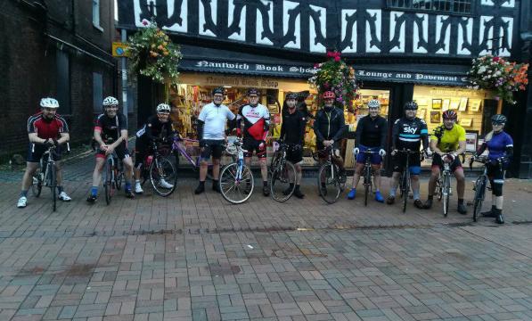 A Group Ride evening peleton setting off from Nantwich Book Shop