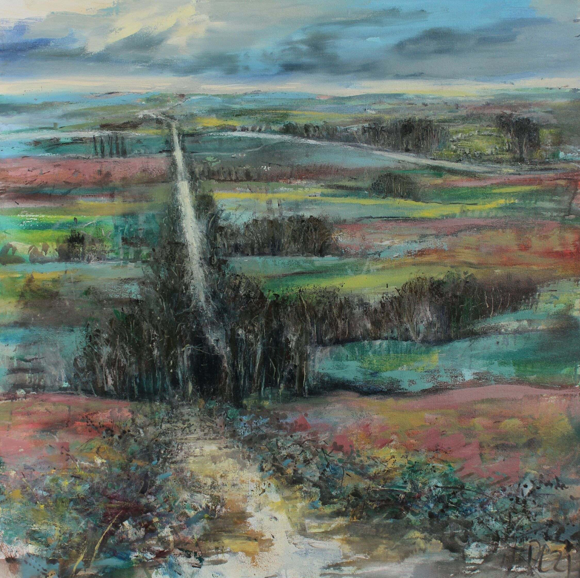 Ditch, Hedge Lane and Rollright Stones, impressionistic landscape painting by David Hugh Lockett