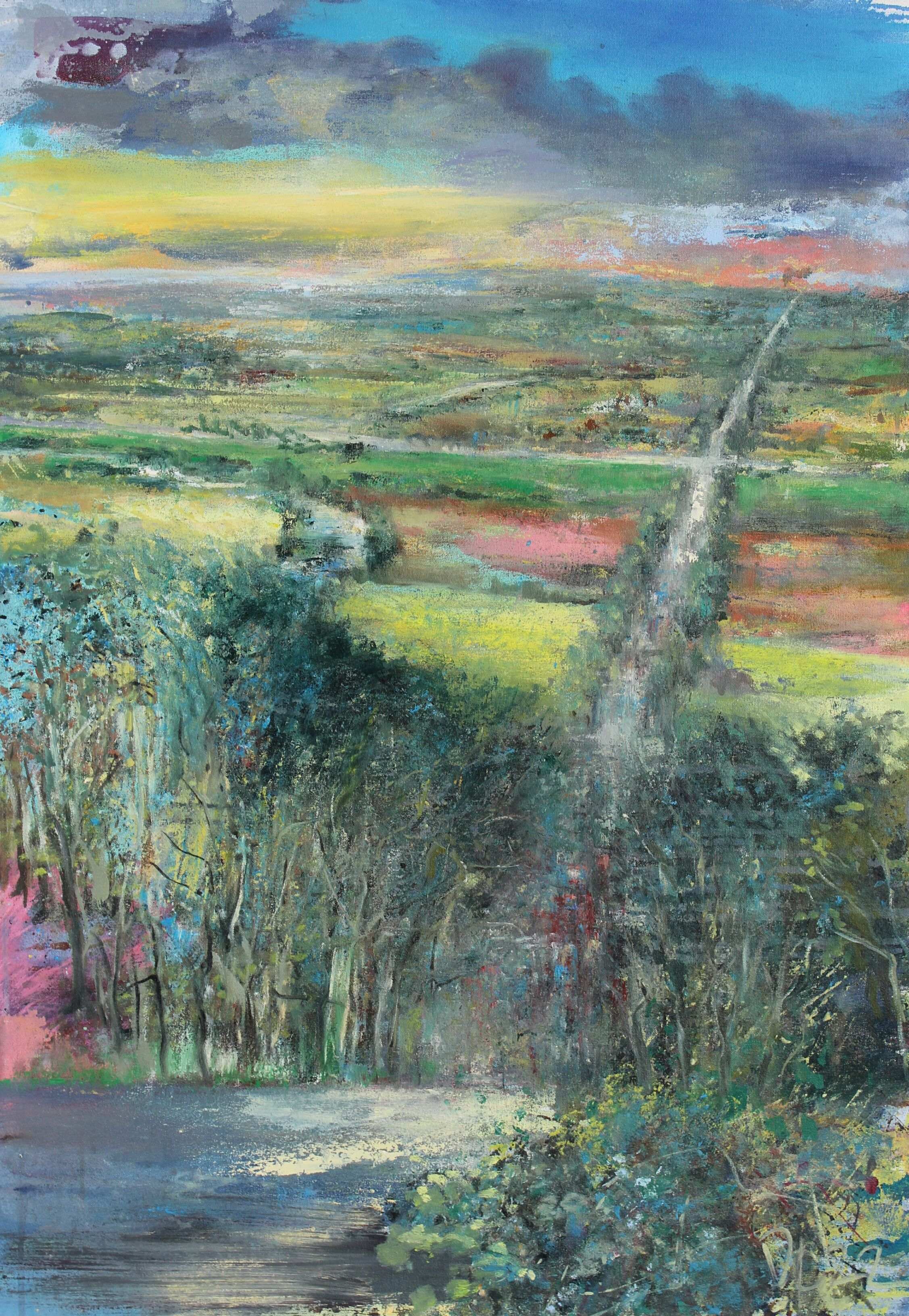 Fosse Way, an oil on canvas impressionistic landscape painting by David Hugh Lockett