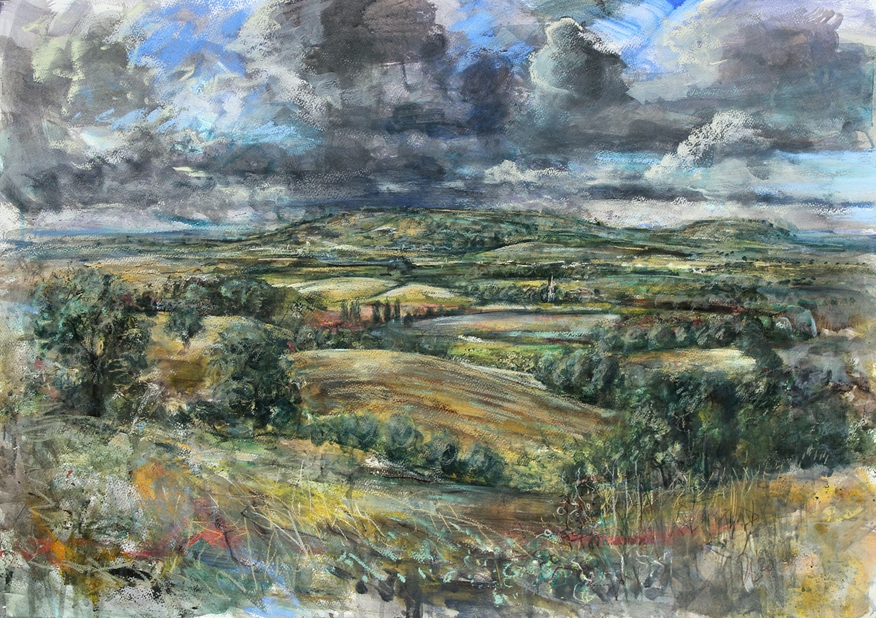 Towards Ilmington, a mixed media impressionistic landscape painting by David Hugh Lockett