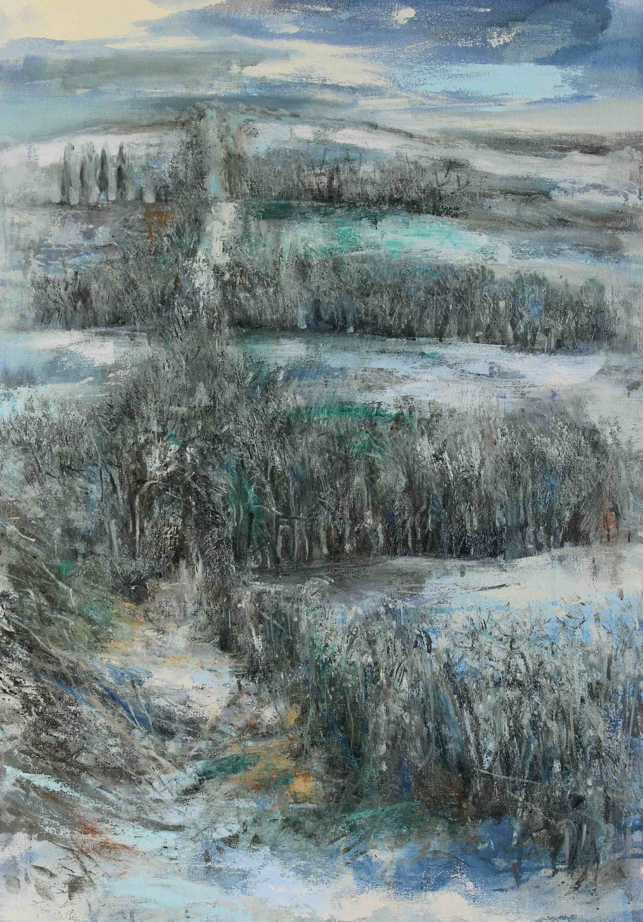 Winter, an oil on canvas impressionistic landscape painting by David Hugh Lockett