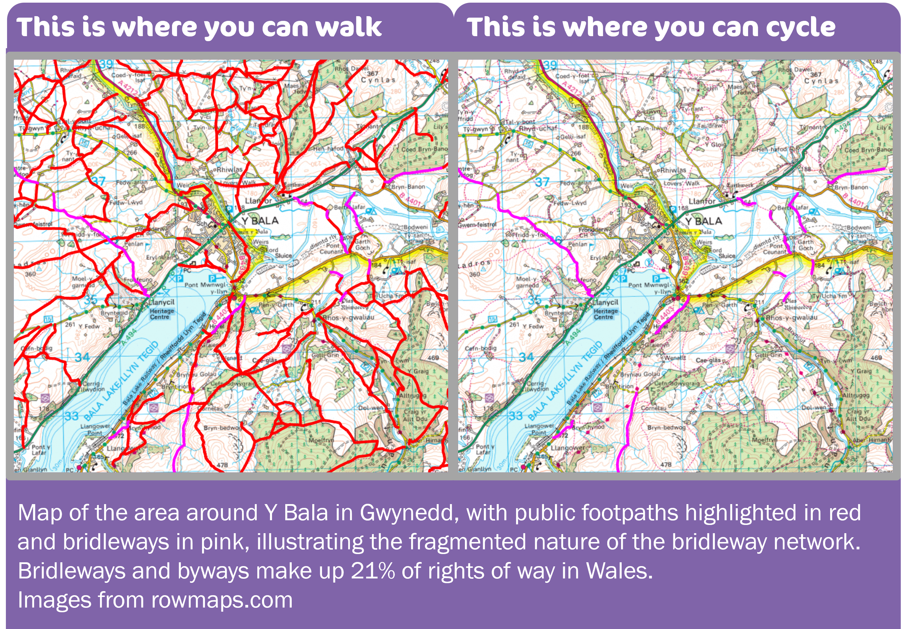 Map showing footpaths and bridleways around Y Bala, north Wales
