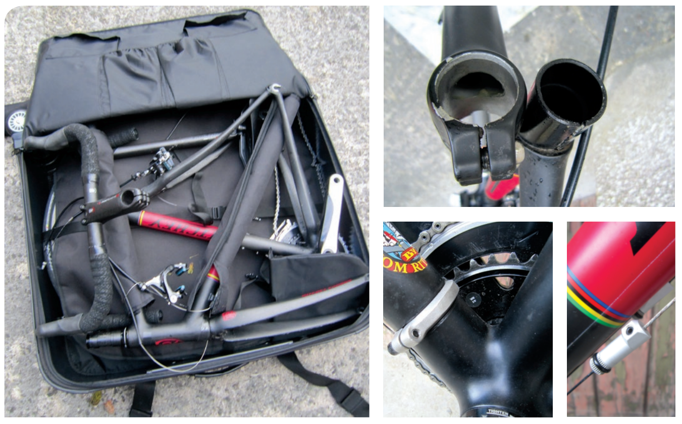 Clockwise from far left: 15 minutes undoing Allen bolts… The top tube lug clamps seat tube and post simultaneously. Cable splitter. Down tube clamp