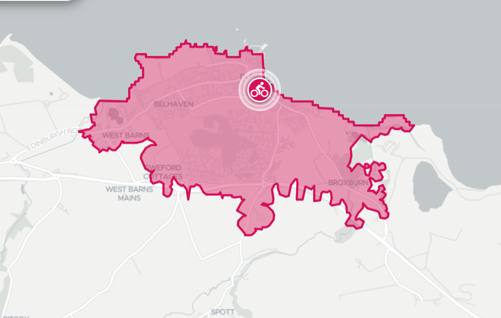 Map showing Dunbar highlighting area you can cycle to within ten minutes
