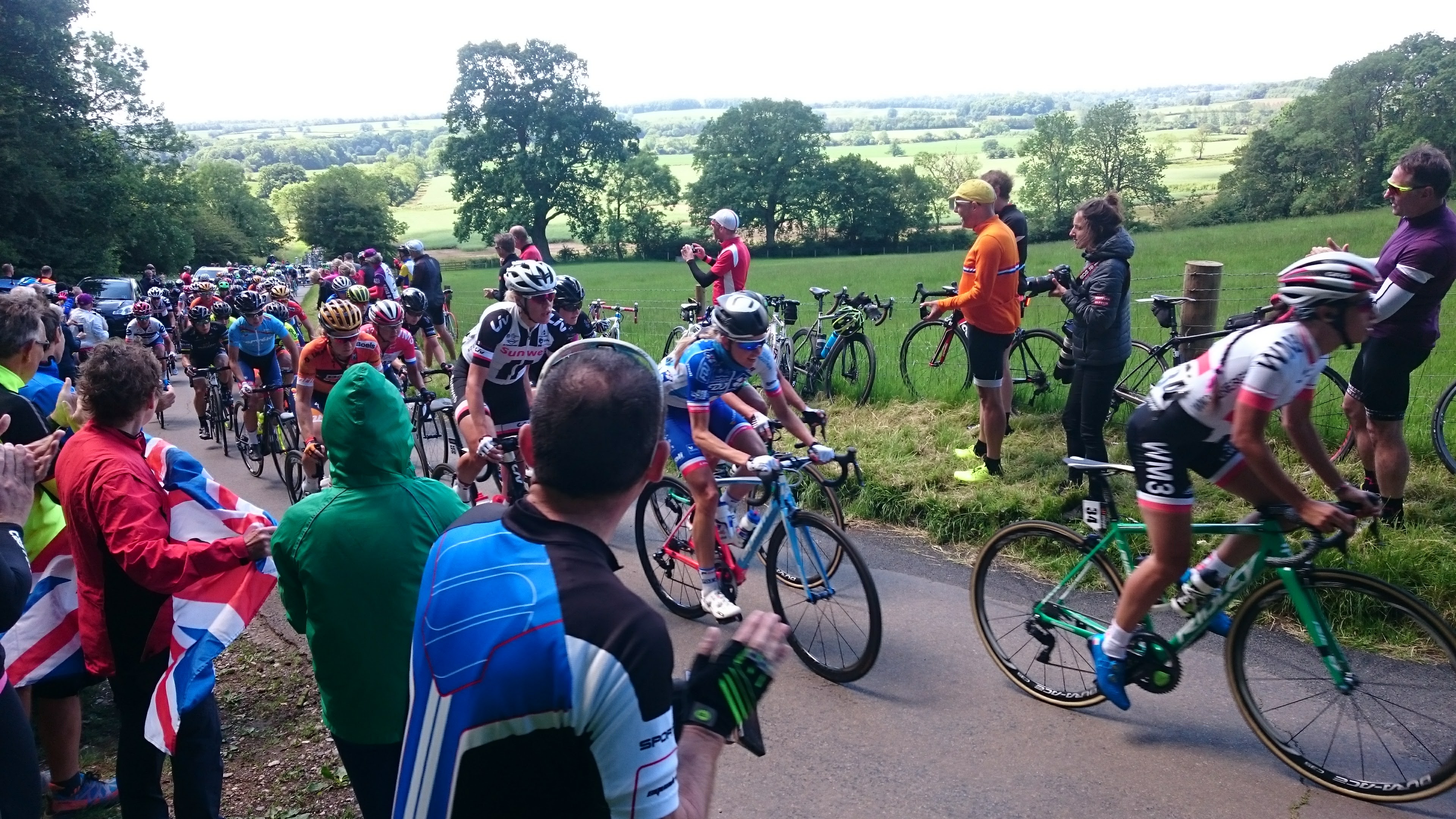 Womens Tour 2017 lead group racing up the Queen of the Mountains climb at Haselbech near Northampton