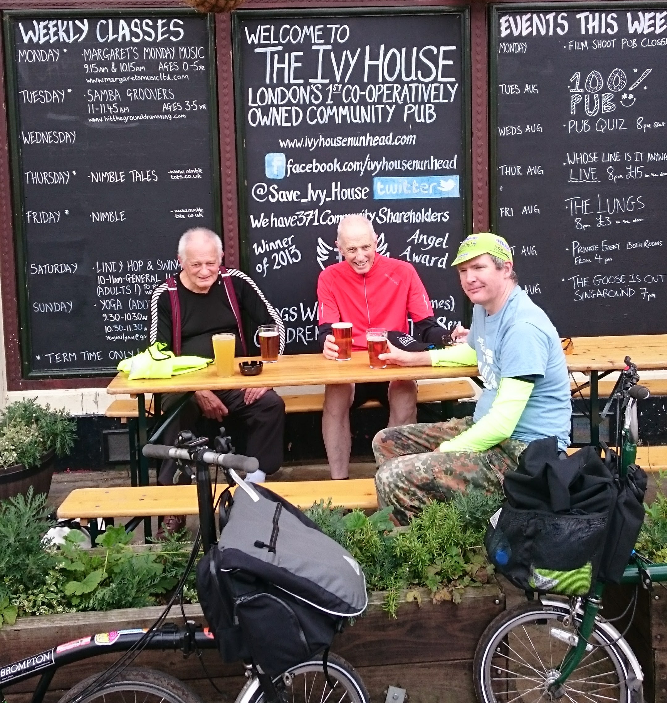 Four CTC Northampton members visitng the Ivy House pub on the club's annual train-assisted ride around London, August 2017