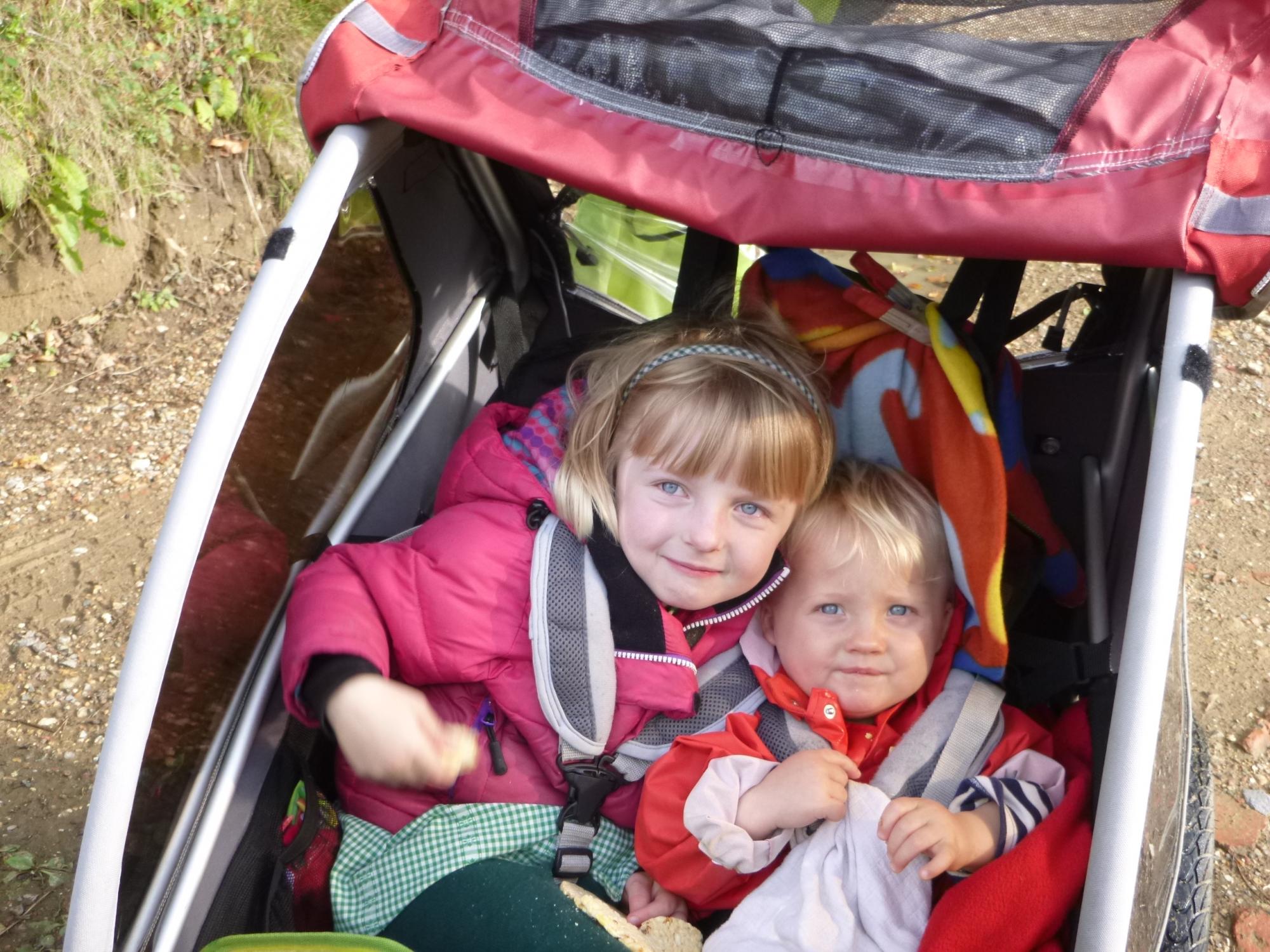 Josie Dew and family cycling to school with a trailer