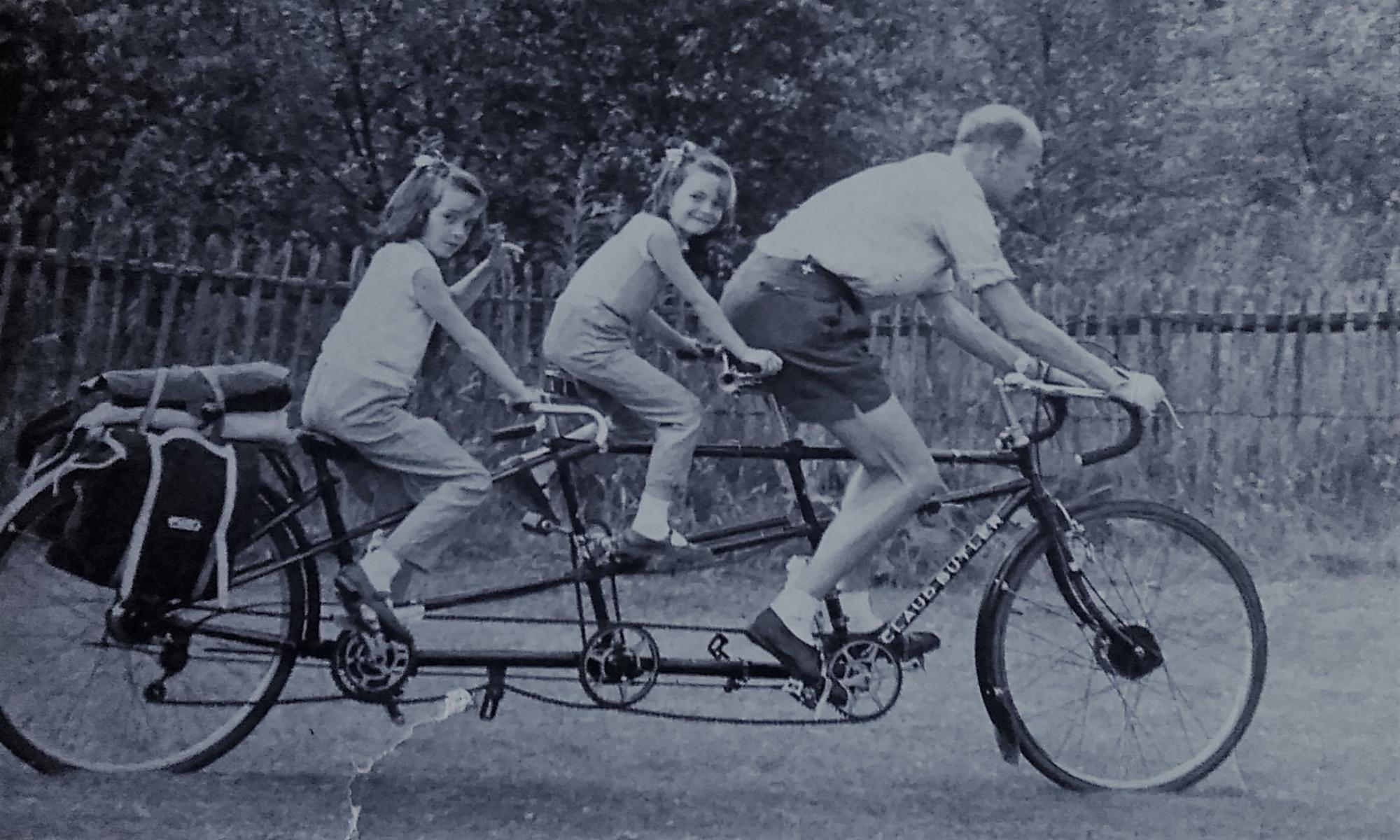 Jack with Susan and Carolyn on their tandem, 1961