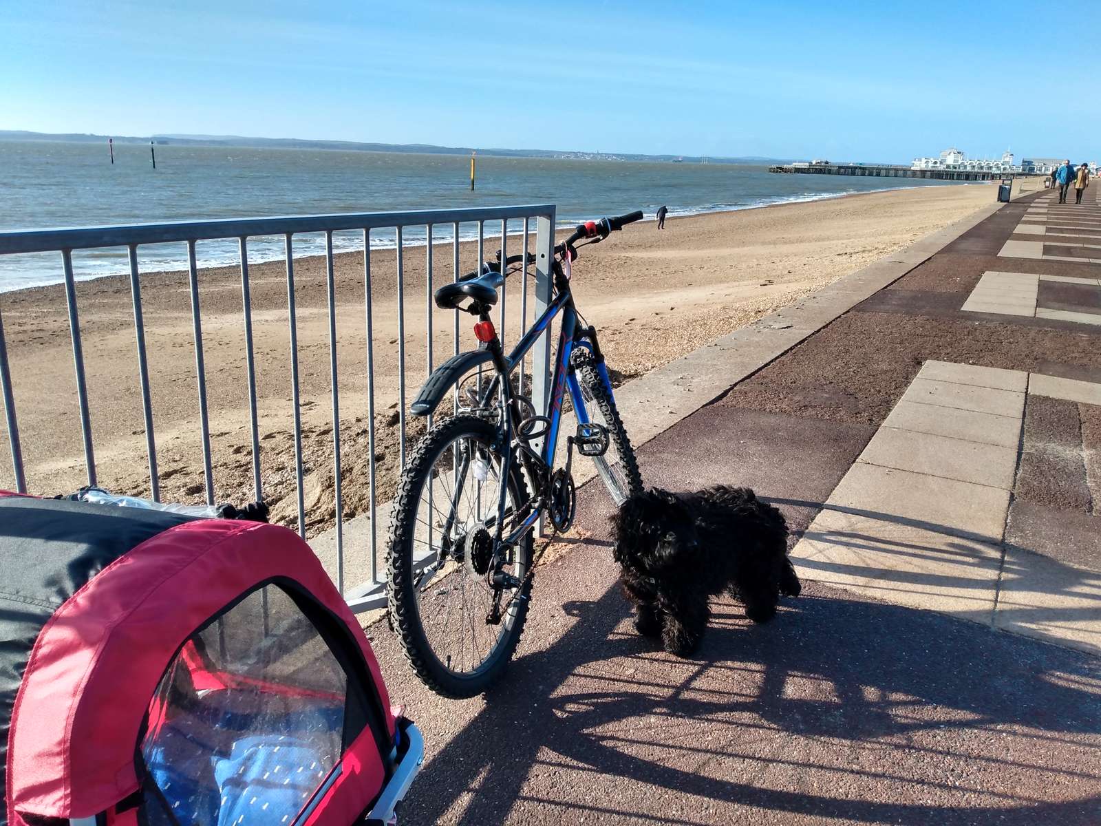 A bike leant against railings at the beach with a small dog sat on the floor and a child buggy behind the bike