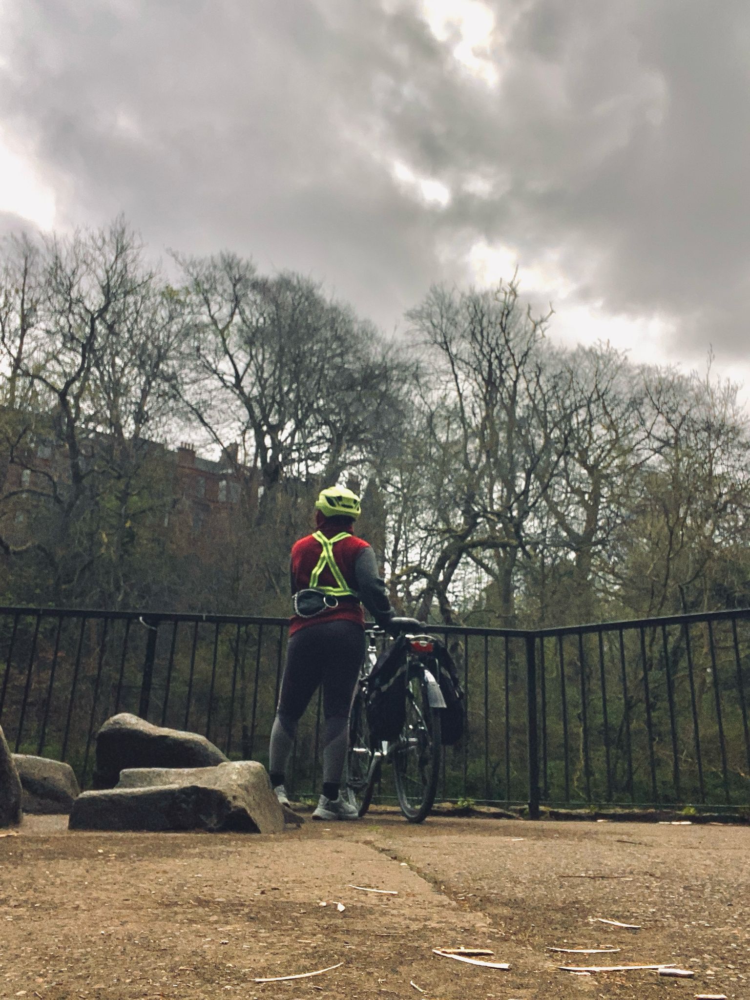 A person wearing a high-visibility vest stands beside a bicycle, looking out over a railing at a woodland landscape under a dramatic, cloudy sky.