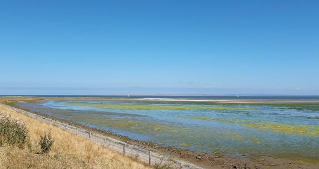 A landscape shot from a vantage point, with a flat sea and blue sky