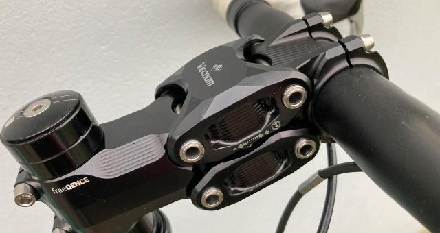 A close-up of the stem fitted to a bike