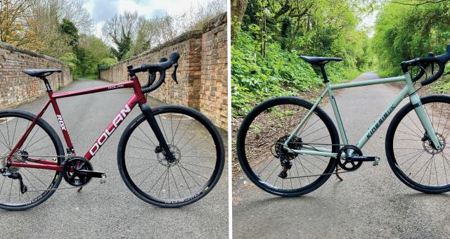 A composite image showing the Dolan Dolan RDX 12S 105 R7120, a red road bike, and the Kinesis R1, a turquoise road bike
