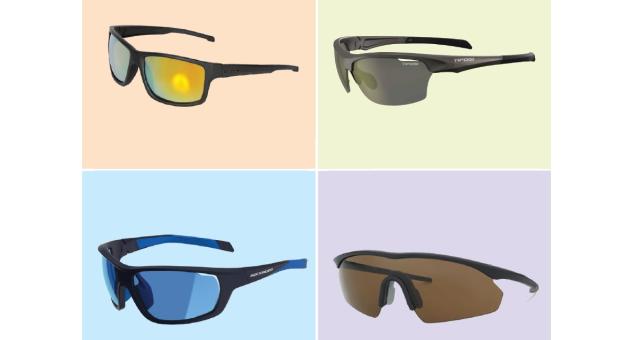 A composite shot of the four sunglasses on test. 1 has a black frame with yellow lenses and is on a pale orange background. 2 has a black frame and lenses and is on a pale green background. 3 has a black and blue frame and blue lenses and is on a pale blue background. 4 has a black frame with brown lenses and is on a pale purple background