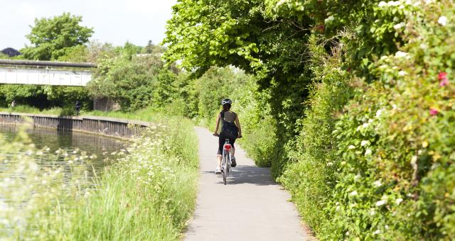 A woman is riding along a paved path next to a canal with a line of trees to the other side. It's sunny, she's wearing summer clothes and is cycling away from the camera
