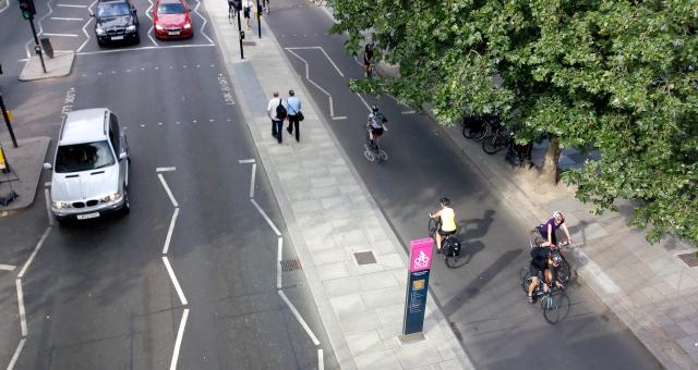 Cyclists on London's Cycle Super Highway 3