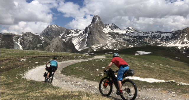 Two cyclists bikepacking in the Italian Dolomites