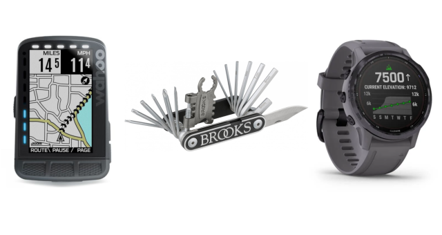 Left to right: Wahoo ELEMNT ROAM, Brooks MT21, Garmin Fenix 6S Pro Solar Edition