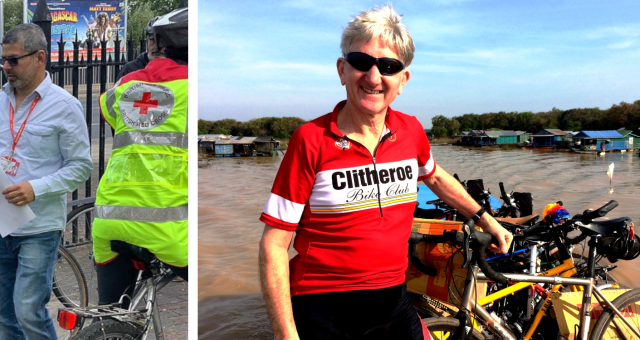 Left, Golam Chowdhury (with red lanyard) Photo by Megan Cliff. Right, Richard Dugdale on tour in Cambodia