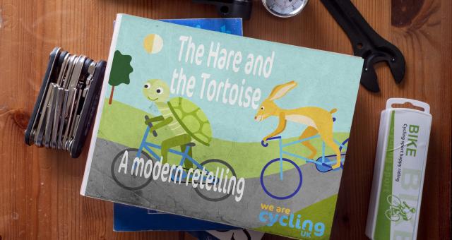 The Hare and the tortoise book among some cycling stools