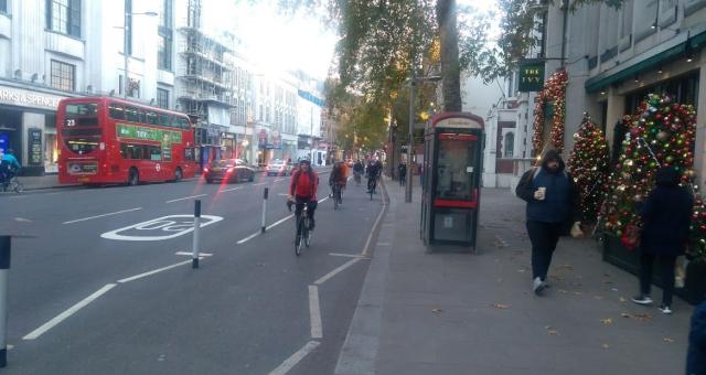 The High Street Kensington cycle lane, before its removal in December 2020