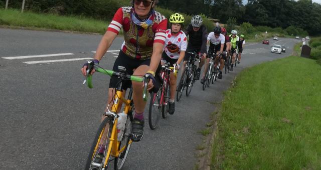 A line of seven cyclists of mixed ages and sexes cycle in a line along a busy road