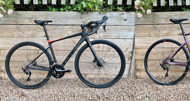 A composite image of two road bikes, on the left is a black Cube bike on the right is a purple Decathlon bike