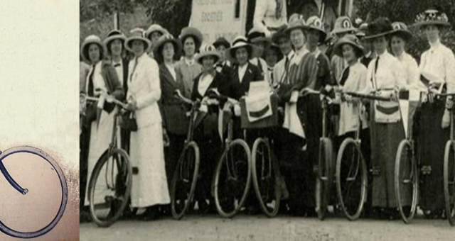 (Left) Lady Harberton in rational dress (Right) Group of women cyclists