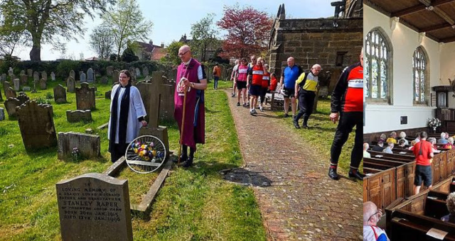 (Left) Rector Liz Hassall and the 'Biking Bishop of Selby' John Thomson with a bicycle-wheel floral tribute at St Michael’s (Right) Cyclists inside St Michael's Church