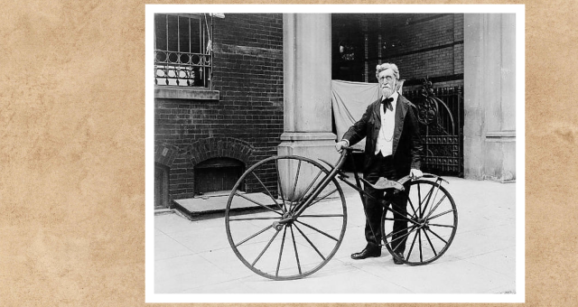 George C. Maynard, Smithsonian curator, in Washington, D.C., with a Shire velocipede, patented in 1879 by John Shire, of Detroit, Michigan. Photo: Wystan Flickr CC