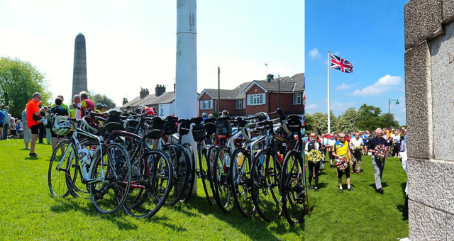 Cyclists gather at the Meriden memorial in 2014