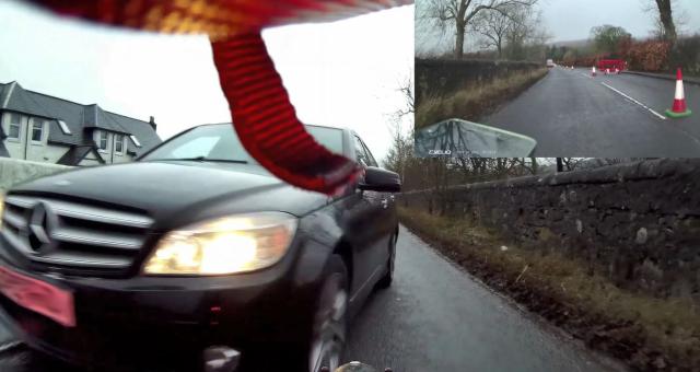 View from a cyclist rear view camera just before a car hits the cyclist