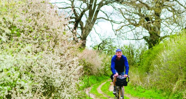 A man cycles towards us along an overgrown country lane, flowers blooming on the hedges surrounding him