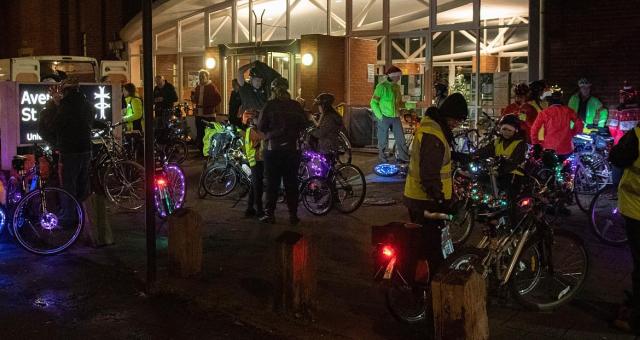 Cyclists at a glow ride event