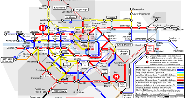 An illustration of a Tube map style map of the cycling network in Bath