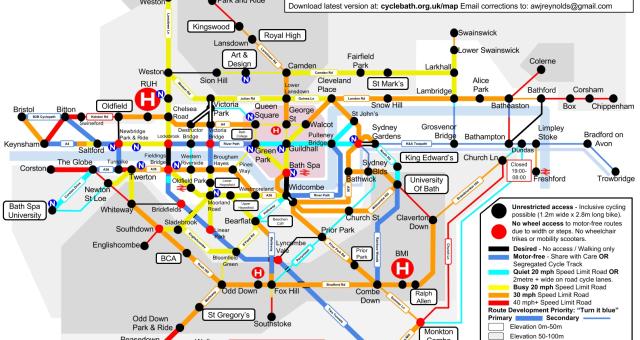 A Tube map style illustration showing Bath's cycle network