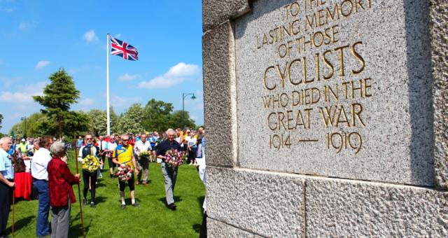 Wreath bearers at the Cyclists' Memorial in Meriden (photo by Ed Holt)