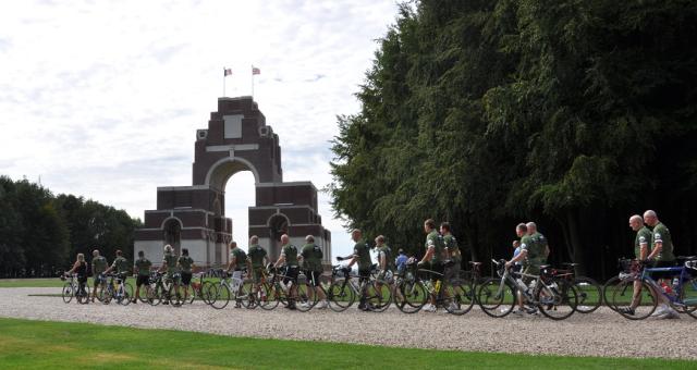 Cyclists taking part in the Ride to the Somme 2016 event arrive at The Memorial to the Missing at Thiepval in France