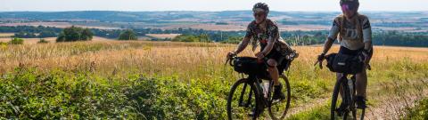 Two cyclists on a bridleway section of the Royal Chilterns Way route between South Stoke and Ewelme