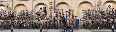 A person is wheeling a bike past several cycle racks with lots of bikes in them at a railway station