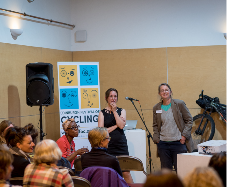 Suzanne (left) at the launch of Women’s Cycle Forum Scotland (WCFS), alongside Sally Hinchcliffe (right)