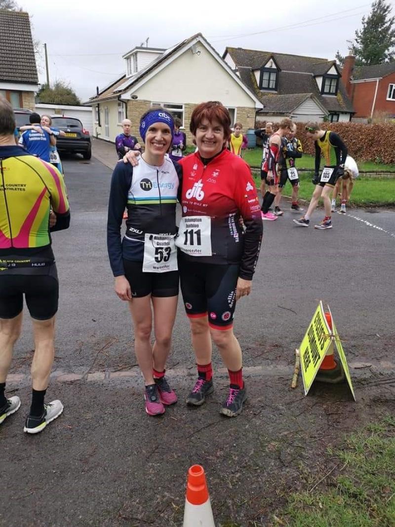 Kara Tranter (left) and her mum Clair Parfrey (right) at a duathlon